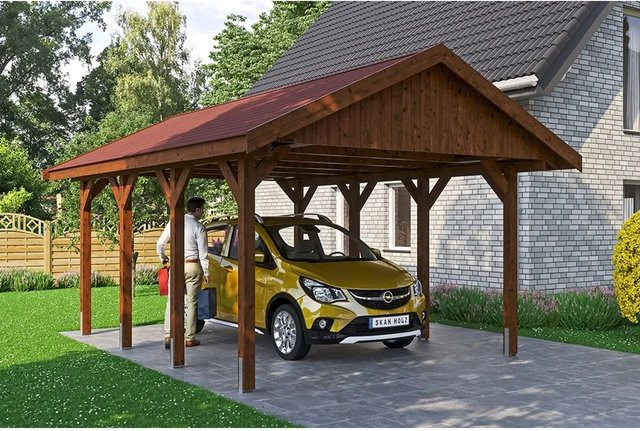 SKANHOLZ Carport Wallgau Satteldach in Nussbaum mit roten Schindeln B/T: 430 x 600 cm - Bild 1