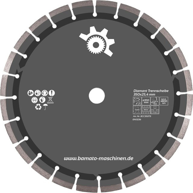 BAMATO Diamant-Trennscheibe für Beton und Stein, Farbe: Grau, Durchmesser: 350 mm, Bohrung: 25,4 mm - Bild 1