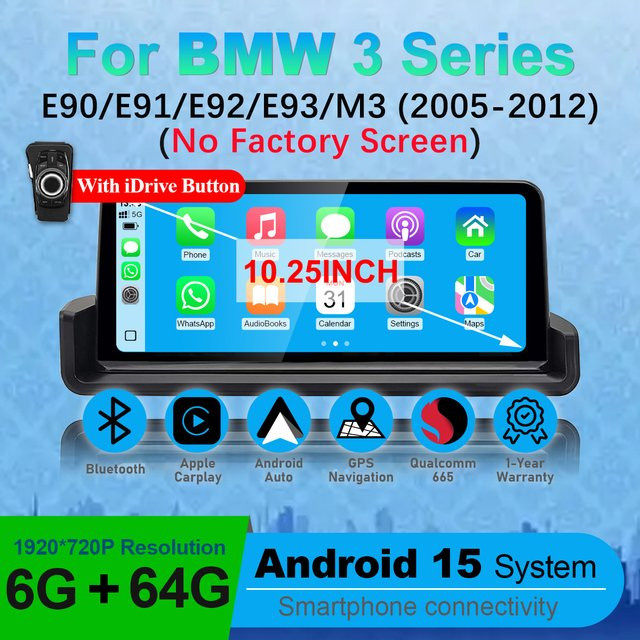 HIOUME Android 15 Auto-Multimedia-Radioplayer mit 10,25 Zoll Touchscreen für BMW 3er Serie E90 E91 E92 E93 M3 2005-2012, Wireless CarPlay und Android Auto, Qualcomm Snapdragon, Schwarz - Bild 1