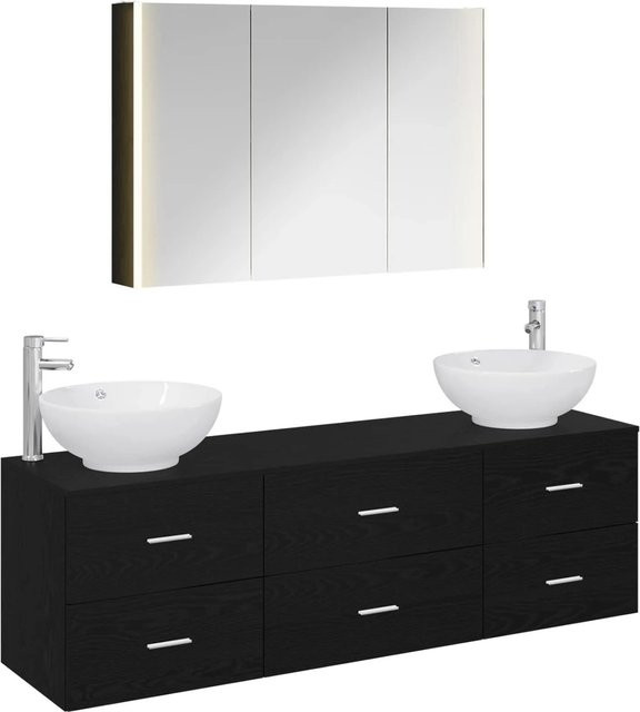 vidaXL Badezimmermöbel-Set 4-teilig in Schwarz Eiche matt mit LED-Beleuchtung und Spiegelschrank - Bild 1