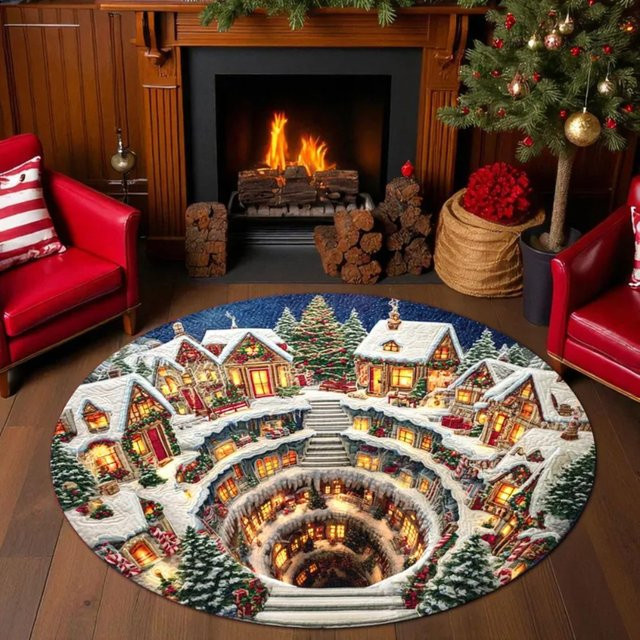 Runder 3D Illusion Teppich mit Santa Claus und Schneeszene für dein Wohnzimmer, Mehrfarbig - Bild 1