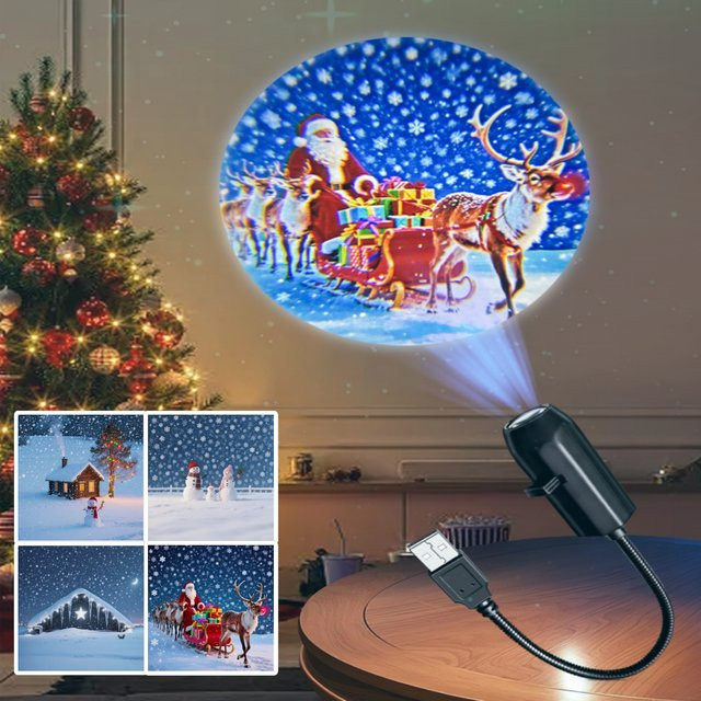 IEEYEEY USB Weihnachts Projektor mit Elch und Santa Claus Motiven, LED Nachtlicht mit umschaltbaren Mustern in Schwarz - Bild 1