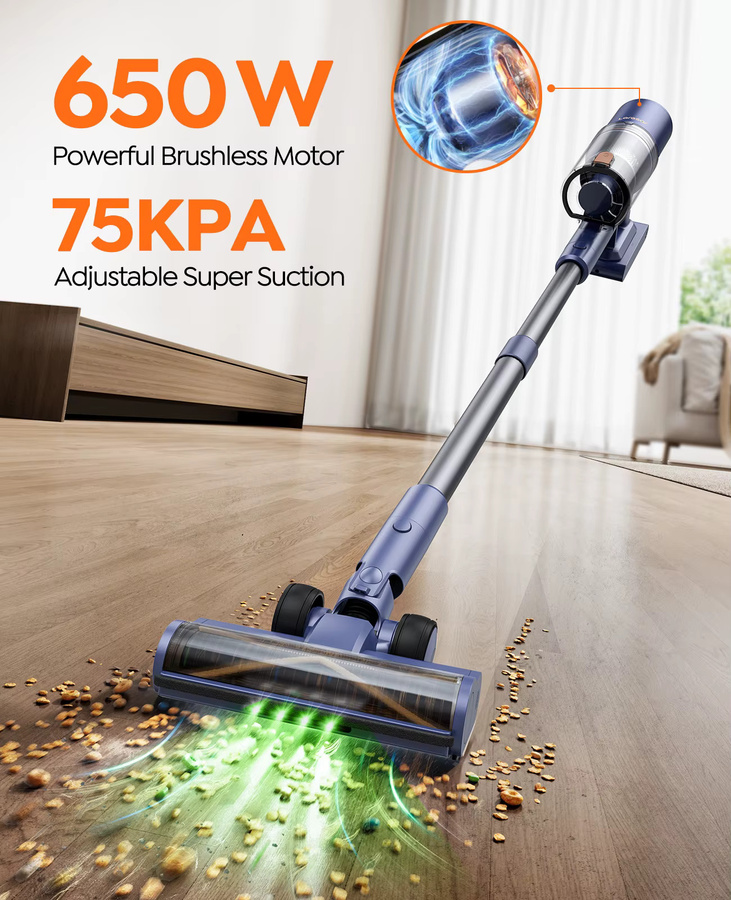 Laresar V11 Kabelloser Staubsauger in Blau mit 650W Saugkraft, 75000PA, Smart-Display und abnehmbarem Akku für bis zu 90 Min. Laufzeit - Bild 3