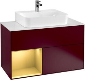 V&B Waschtischunterschrank Finion 100 mit Wandbeleuchtung in Weiß Hochglanz und goldenen Regalelementen links, B/T/H: 100 x 50,1 x 50,1 cm - Bild 1