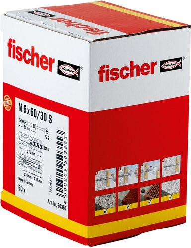 Fischer Nageldübel N 6 x 60/30 S aus Nylon in Grau mit verzinktem Stahlnagel, 50 Stück - Bild 1