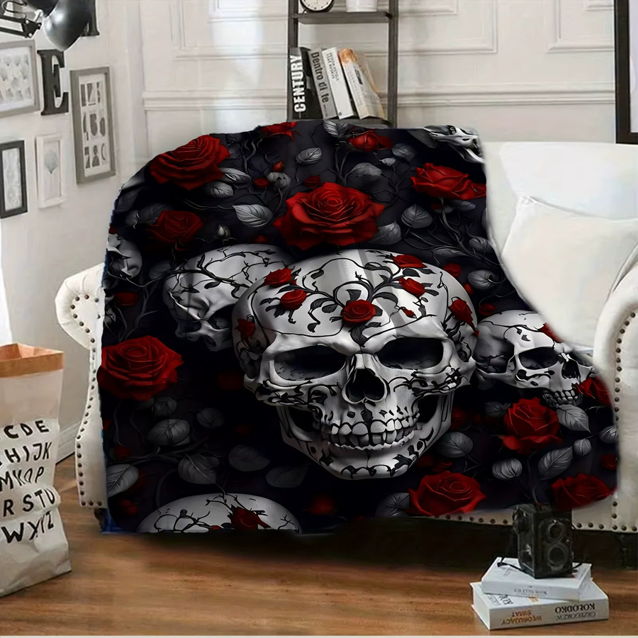 VIKAMA Flanell-Decke mit dunklem Skelett-Rosen-Design im Gothic-Stil, Farbe: Schwarz, B/T: 90 x 75 cm - Bild 2