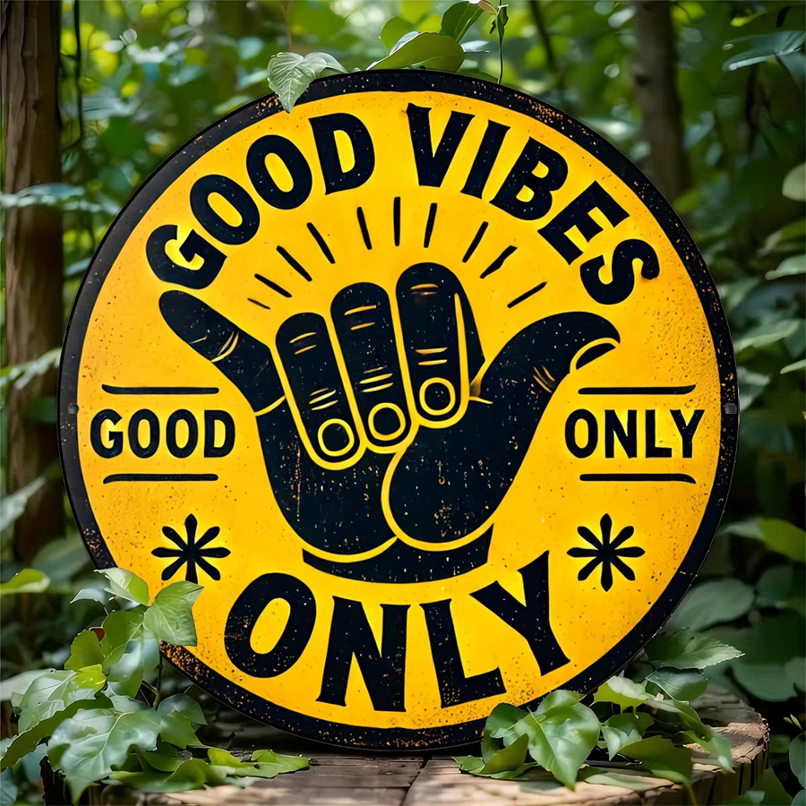 Potdemiel Rundes Vintage-Aluminiumschild Good Vibes Only in Gelb, Durchmesser: 19,8 cm - Bild 2