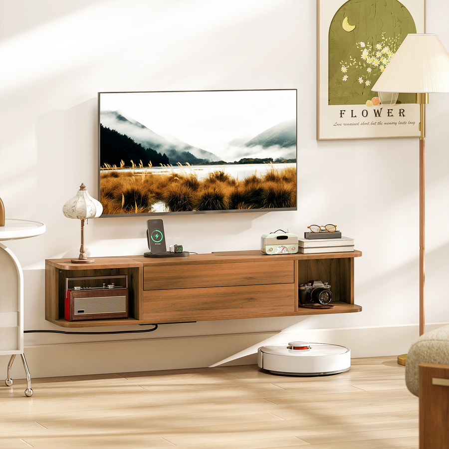 Aosom Wandhängendes TV-Möbel in Nussbaum, moderner TV-Unterschrank für bis zu 50 Zoll mit Steckdosen, USB und Typ-C, ausziehbarer Schublade und offenen Regalen, B/T/H: 120 x 24 x 22,4 cm - Bild 2