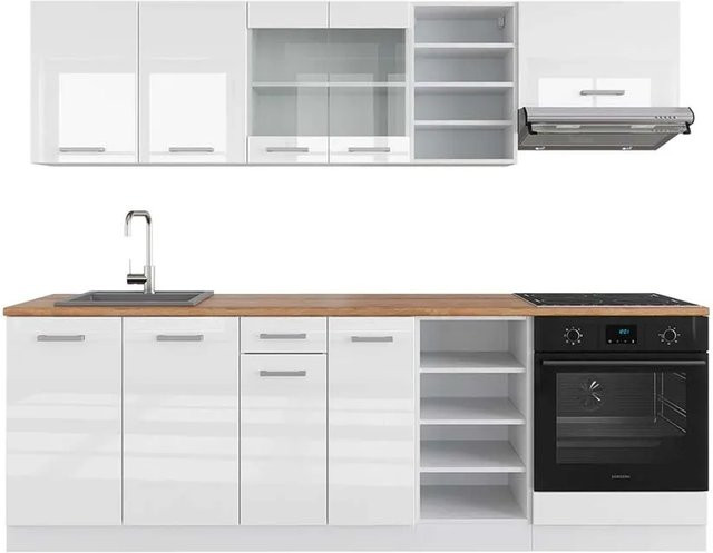 Vicco R-Line Küchenzeile Weiß Hochglanz und Eiche, Breite: 240 cm - Bild 1