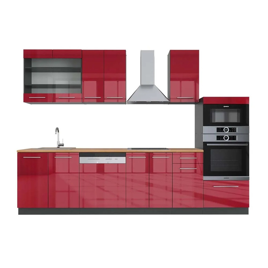 Vicco Fame-Line Küchenzeile Bordeaux Hochglanz und Anthrazit mit Hochschrank Eiche, Breite: 300 cm - Bild 2