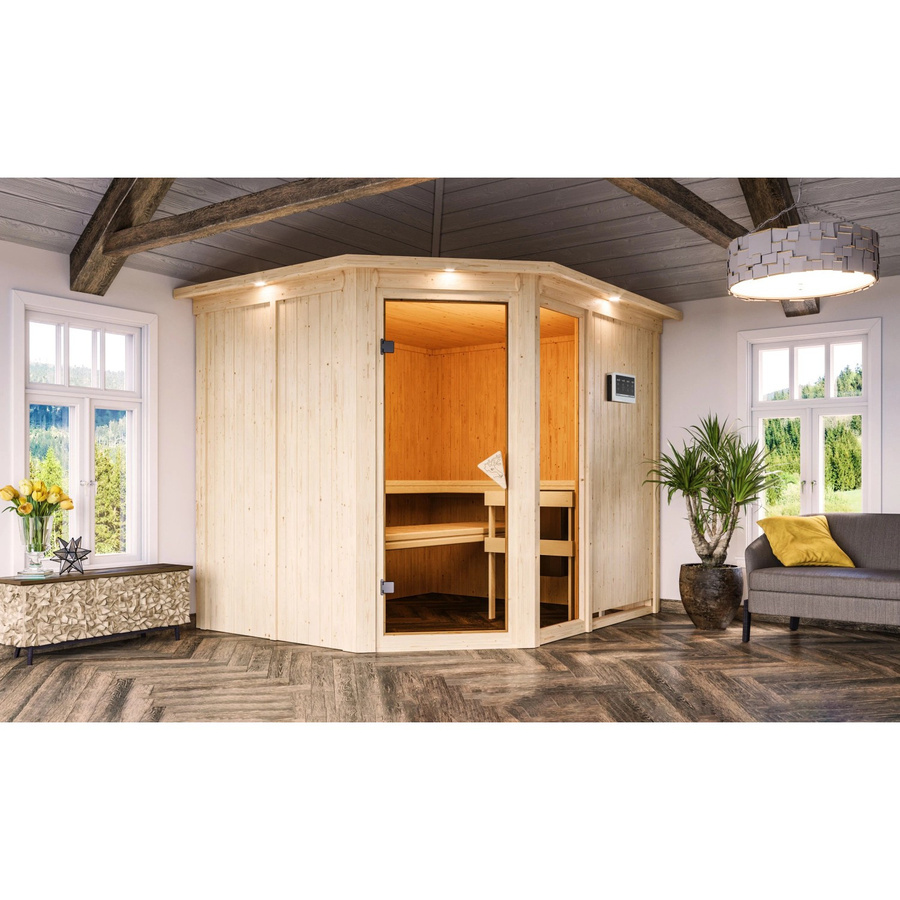 Karibu Sauna Freyja 3 mit BioKombiofen 9.0 kW, LED-Dachkranz und externem Steuergerät, Natur/Braun/Beige, B/T/H: 231 x 196 x 245 cm - Bild 3