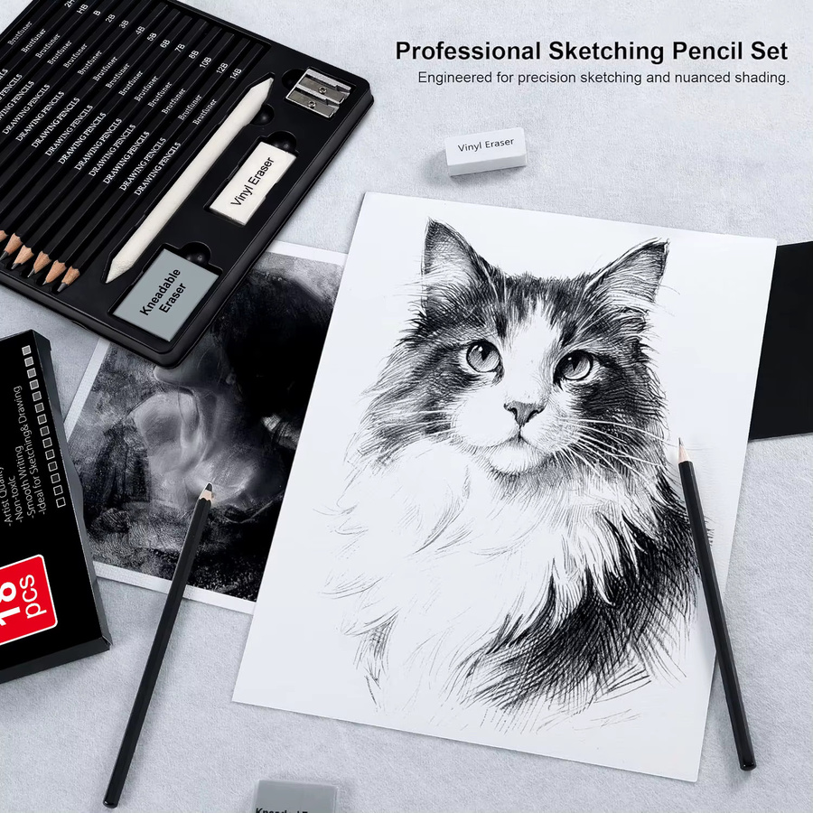 18-teiliges professionelles Skizzenbleistift-Set aus Holz mit Graphit, inklusive Bleistiften von 5H bis 14B, Radiergummi, Spitzer und Papiermischstumpf für Künstler - Bild 4