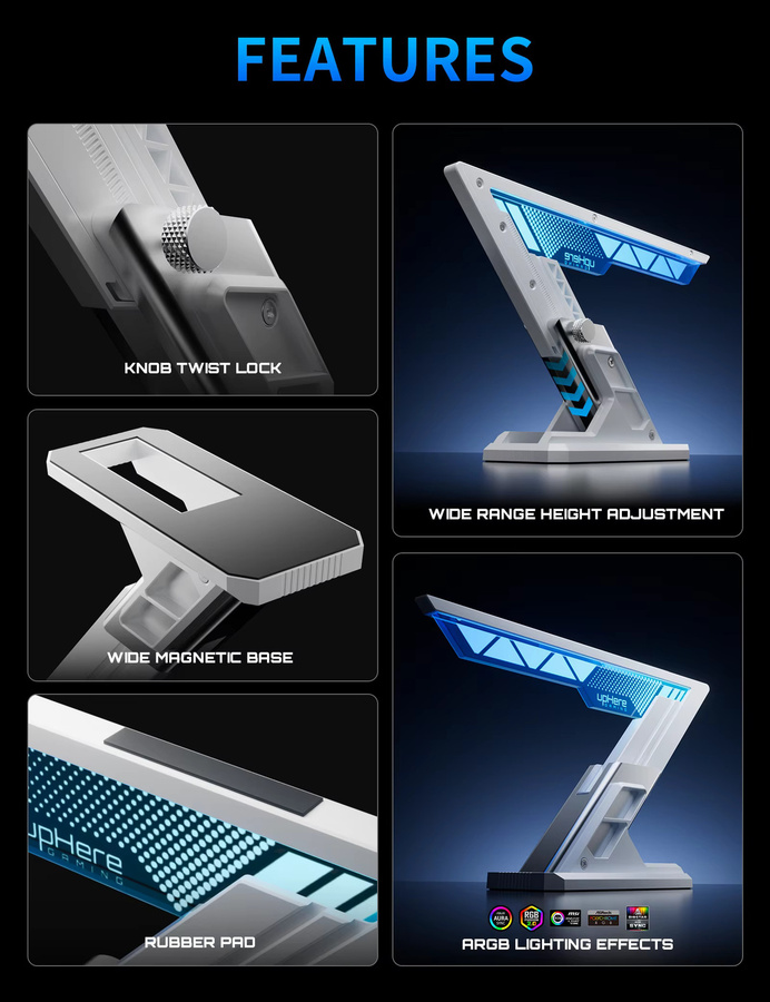 AuyiHomu ARGB GPU-Stützhalterung aus Aluminium mit 5V 3-Pin A-RGB Sync, verstellbarer Grafikkartenhalter für deinen PC, Schwarz/Weiß - Bild 3