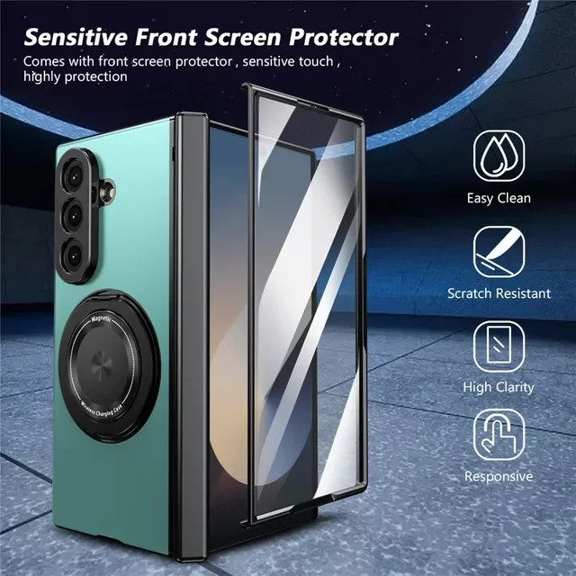 Luxuriöse High-End Schutzhülle mit Beschichtungsrahmen und magnetischem Rind-Standplatz für Samsung Galaxy Z Fold 7, 6, 5, 4 mit Glasbildschirm und integrierter Anti-Drop-Abdeckung in Blau oder Grün - Bild 1