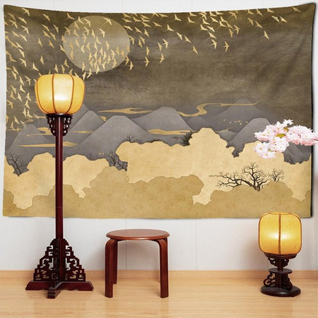 Wandteppich Super Six Landschaftsmotiv mit Bergen, Sonne, Mond und Zugvögeln in Grau, B/H: 95 x 70 cm
