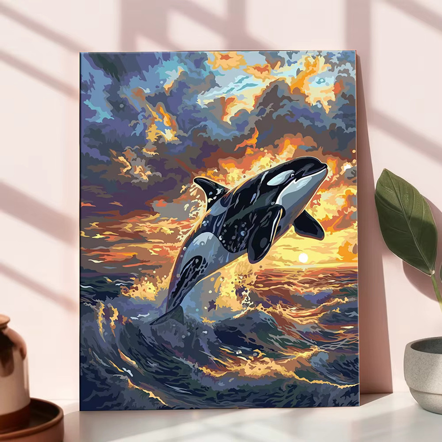 HUACAN Malen nach Zahlen Set mit Wal und Sonnenuntergang auf Leinwand, Mehrfarbiges Wandbild für Hobby und Heimdekoration - Bild 2