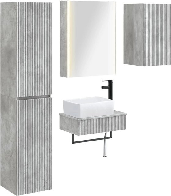 vidaXL Badezimmermöbel-Set 5-teilig in Betongrau mit Ingenieurholz und Glas, modern mit LED-Beleuchtung und Spiegelschrank - Bild 1