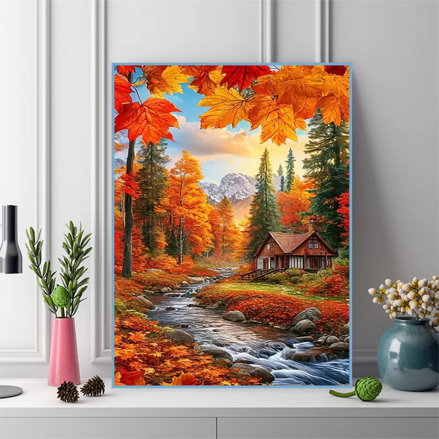 Momoart DIY Diamantstickerei Set Herbst Landschaft Rundes Haus Mosaik Wandbild Multicolour - Bild 3