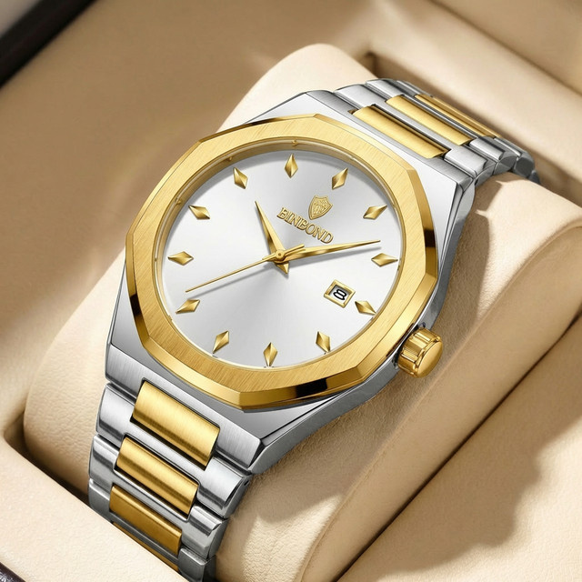 BINBOND Armbanduhr Edelstahl, Bicolor, Gold, Quarz, Herren, Datum - Bild 1