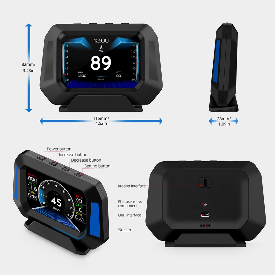 MAIMEIMI P21 Head-Up-Display mit GPS, OBD2-Diagnose und 4x4 Neigungsmesser in Schwarz - Bild 5