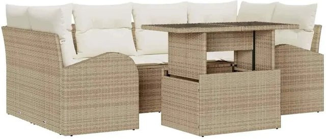 vidaXL Garten-Sofa-Set aus Poly Rattan in Beige mit 7 Teilen und Kissen - Bild 1