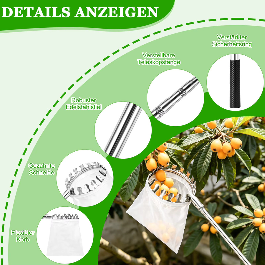 Verstellbarer Teleskop-Obstpflücker aus Edelstahl in Silber, Erntewerkzeug für Obstgarten mit einer Reichweite von 1,1 bis 2,86 m - Bild 3