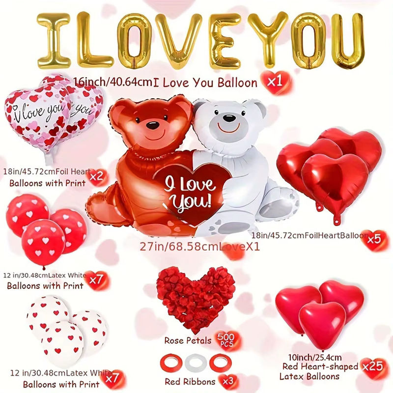 Romantisches Valentinstag-Dekorationsset mit I Love You Ballon, roten Kunstblumen und Herzen in Rot - Bild 2