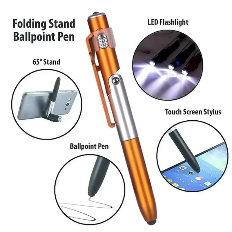 4-in-1 Multifunktions-Kugelschreiber aus Metall in Schwarz mit LED-Taschenlampe, Touch-Stift und zusammenklappbarem Telefonhalter - Bild 5