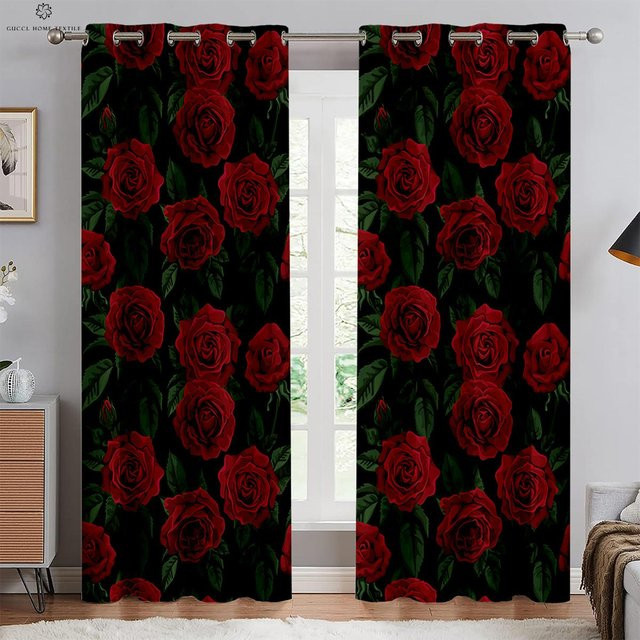 Yiran Furniture Rosenblumenvorhänge mit Retro-Blumenmuster in Rot, 2er-Set, semi-transparent, B: 50 cm, H: 130 cm - Bild 1