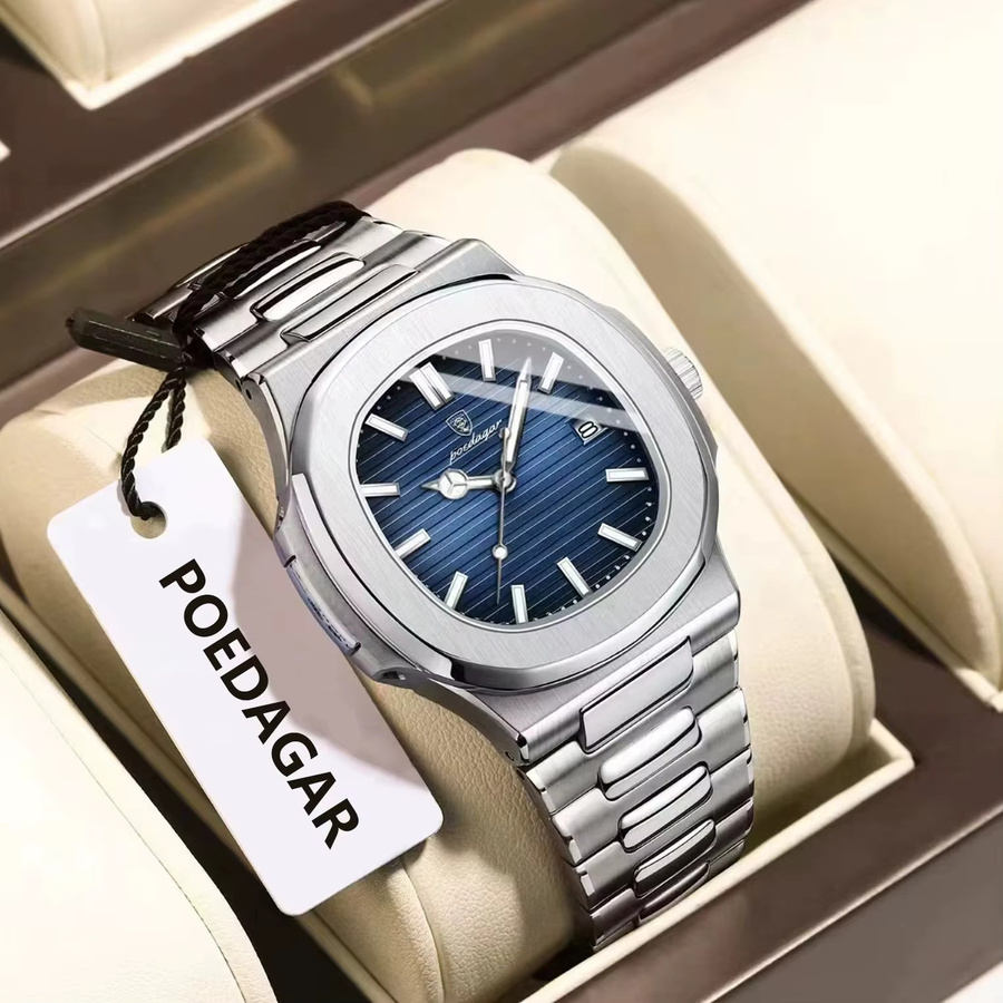 POEDAGAR Armbanduhr Edelstahl, Quarz, Eckig, Blau, Herren - Bild 2