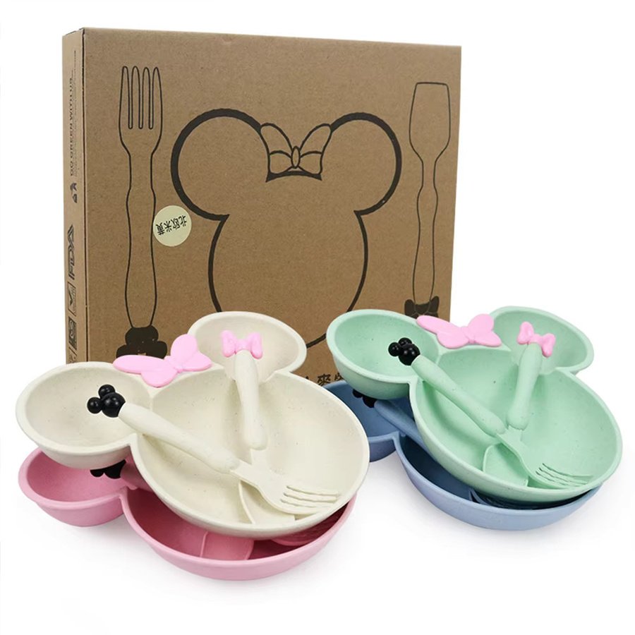 SLAIXIU 3-teiliges Cartoon Baby Geschirr Set aus Weizenstroh in Pink mit Schüssel, Teller, Löffel und Gabel - Bild 2