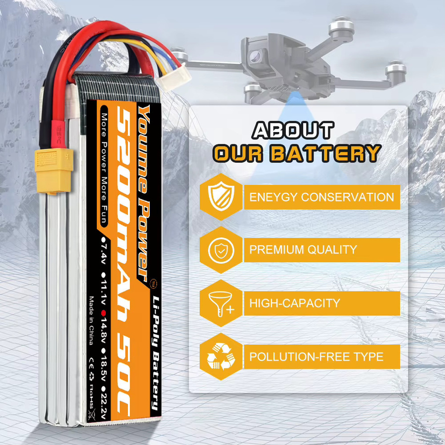 Youme 4S LiPo Akku 14,8V 5200mAh 50C mit XT60 Anschluss für RC FPV Flugzeuge, Drohnen, Racing-Modelle und Boote - Bild 3