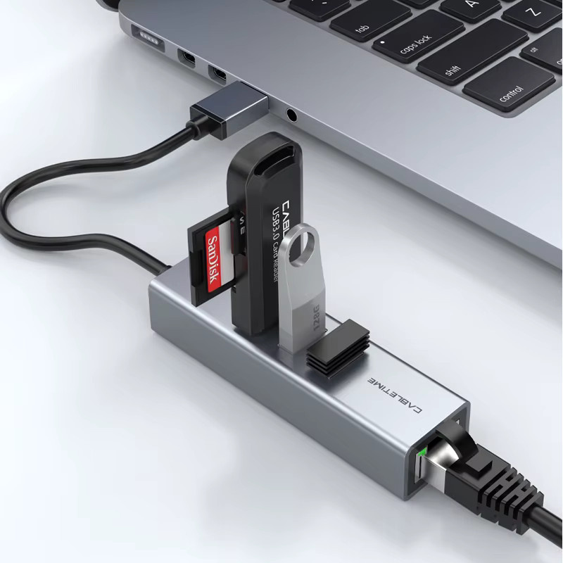 CABLETIME USB 3.0 Gigabit Ethernet-Adapter mit 3-Port-USB-Hub, RJ45 LAN-Netzwerkkarte für MacBook und Laptop, Grau - Bild 2