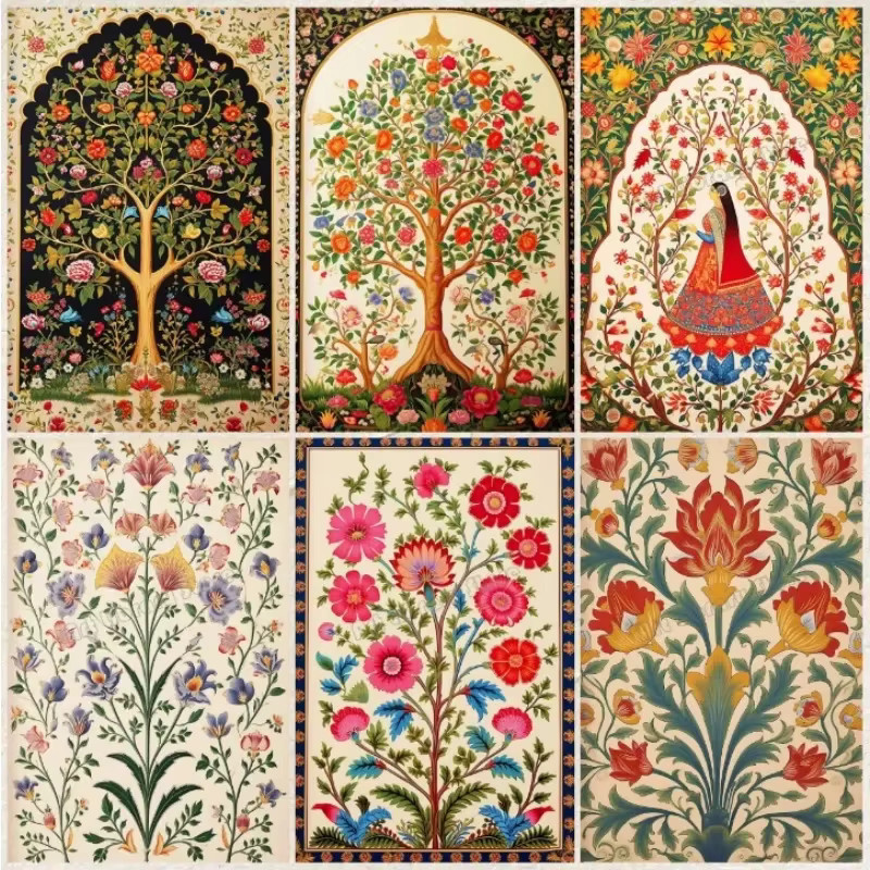 Potdemiel Indischer Vintage-Lotusblüten Baum des Lebens Wandkunstdruck als minimalistisches Leinwandgemälde im Portraitformat - Bild 2