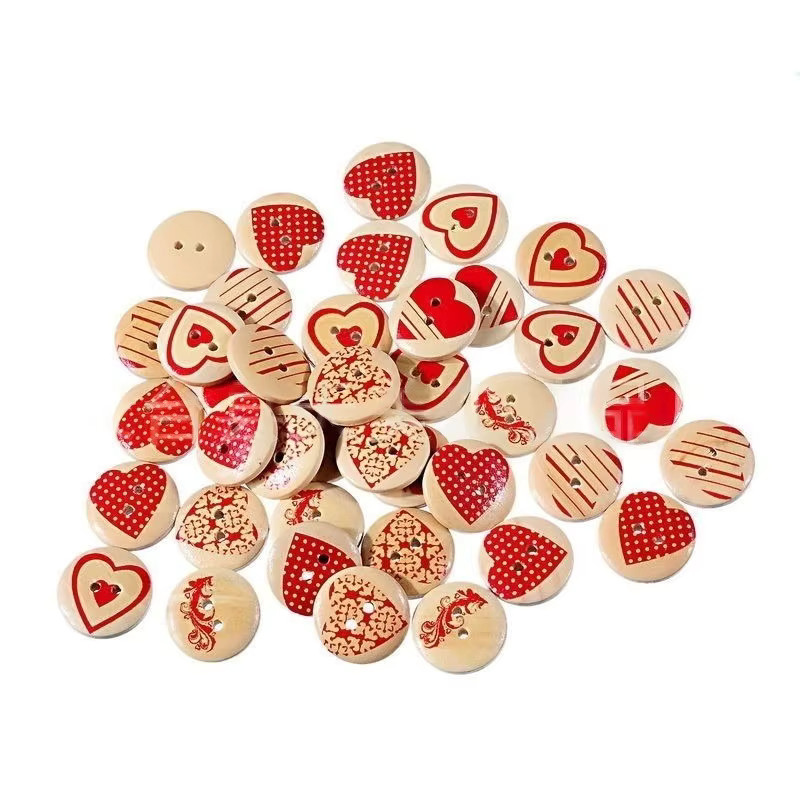 100 Stück runde Holzknöpfe mit Herz-Aufdruck, 2-Loch, Durchmesser: 1,5 cm, braun und mehrfarbig, dekorative Knöpfe für DIY und Nähen - Bild 2