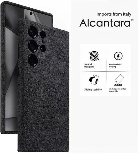 Shellbox Magnetische Alcantara Leder Handyhülle für Samsung S24 Ultra, S25 Ultra und S25 Plus in Dunkelgrau mit MagSafe Kompatibilität - Bild 1