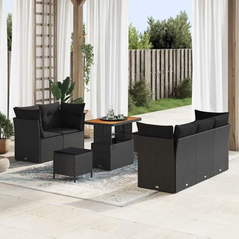 Vidaxl Garten-Sofa-Set mit 8 Kissen aus Rattan und Metall in Schwarz, B/T/H: 90 x 55 x 71 cm - Bild 1