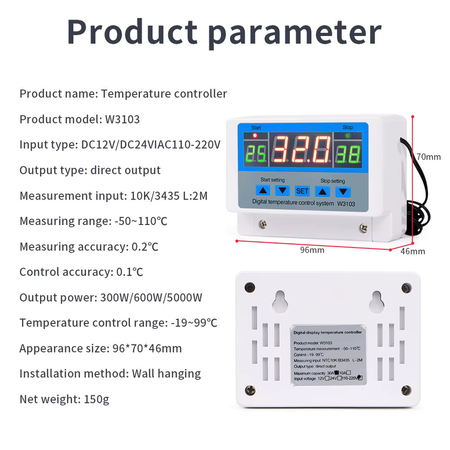 JUANJUAN W3103 Digitaler Thermostat zur Temperaturregelung mit Sensor, 5000W 30A, Weiß - Bild 2