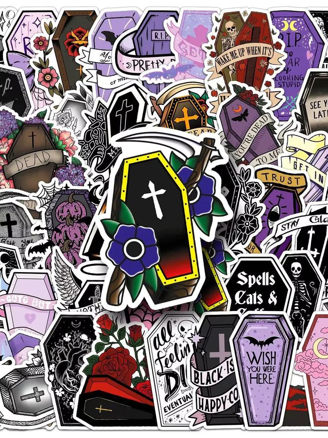 50 Stück GOGOTU Gothic Halloween Vampir Sarg Aufkleber aus wasserfestem PVC in Multicolor für Skateboard, Notebook und DIY Dekoration - Bild 5