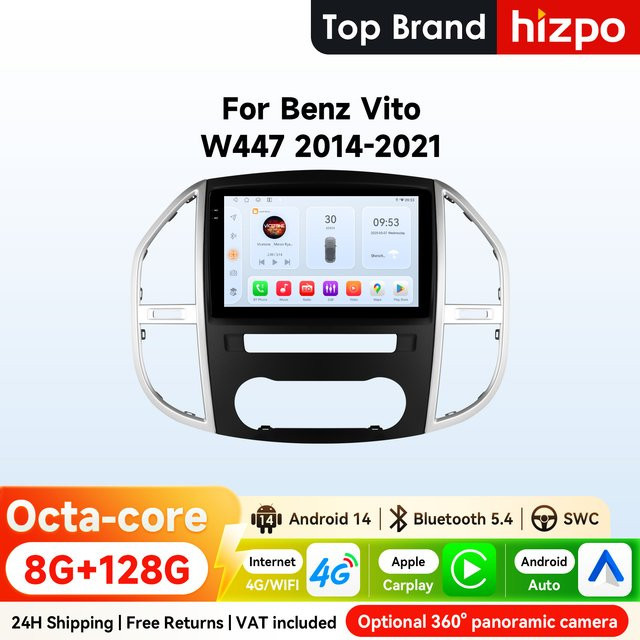 Hizpo 2Din Android Autoradio für Mercedes Benz Vito W447 2014 - 2021 mit 10,1 Zoll Display, Snapdragon 6115, CarPlay, GPS Navigation und 360CAM in Schwarz - Bild 1