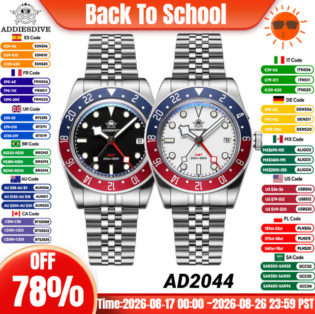 ADDIESDIVE Taucheruhr, Quarz, Edelstahl, GMT, Textil/NATO, Herren, Schwarz - Bild 1