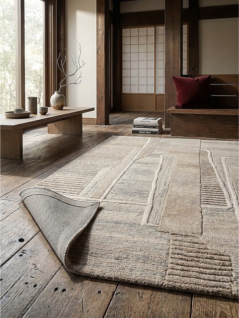 Wollteppich Kadima Design Relief Natur in Beige mit High-Low-Effekt, B: 140 cm, T: 200 cm - Bild 1