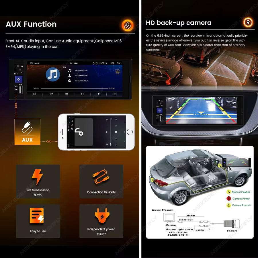 MEKEDE 1DIN Wireless CarPlay Multimedia-Player mit 6,86 Zoll HD Touchscreen, Bluetooth, USB und TF-Anschluss in Schwarz - Bild 2
