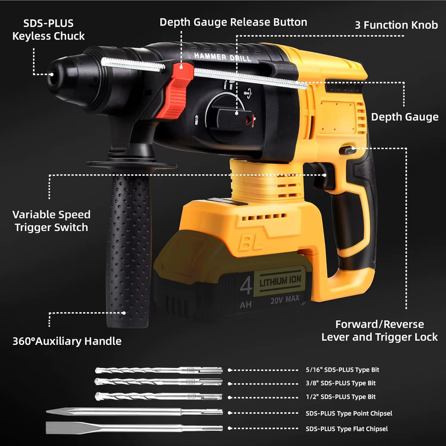 DWiusty 3-in-1 Akku-Bohrhammer mit bürstenlosem Motor und Meißel für Beton und Wände, Gelb - Bild 5