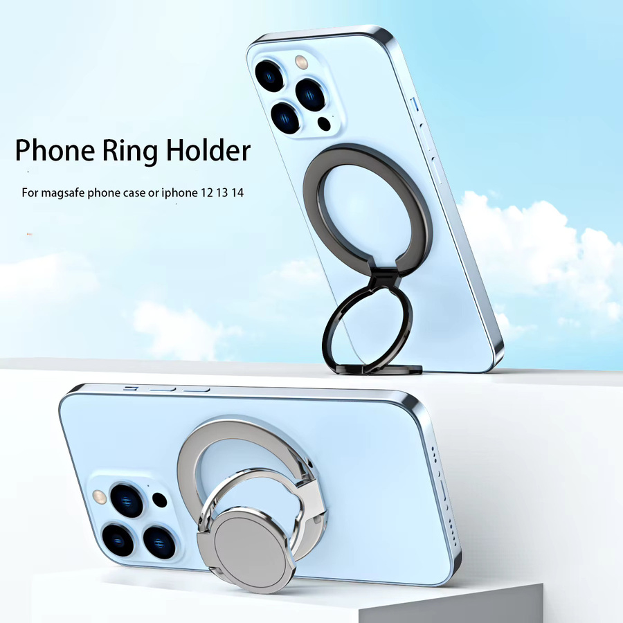 WSSHE Magnetischer Handy-Fingerringhalter und faltbarer Ständer für MagSafe-Zubehör in Schwarz, kompatibel mit iPhone 14 und 15 - Bild 1