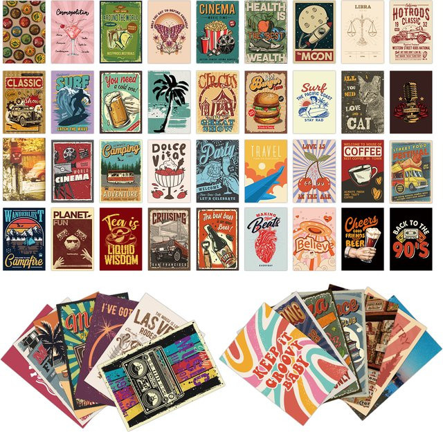 50 Stück Vintage Wandpostkarten mit Aufklebern im Retro-Stil mit Film, Surf und Camping Motiven in Mehrfarbig - Bild 1