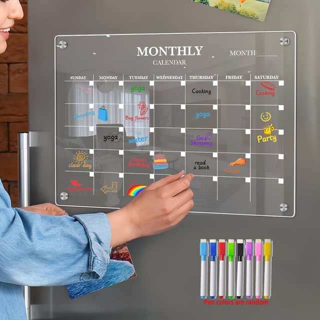 Magnetischer Acryl-Kalender in Transparent als trocken abwischbarer Planer für den Kühlschrank inklusive Markierungsstift - Bild 1
