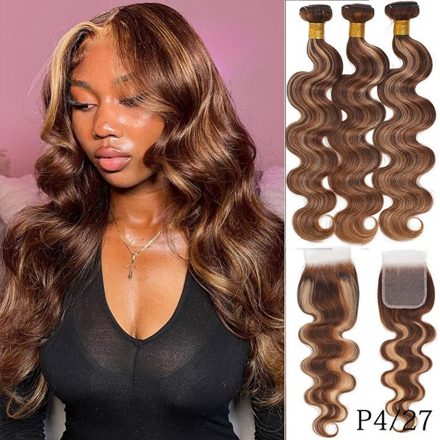 Tendresse Remy Echthaar Body Wave Bundles mit HD Lace Closure, Ombre Bouncy Wave, 3/4 Bundles mit 4x4 Closure - Bild 1