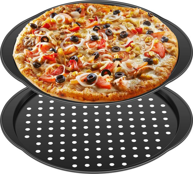 2 Stück Willstar Pizza Tabletts aus Kohlenstoffstahl, Antihaft-Backbleche mit Löchern und Griffen, Schwarz, Durchmesser: 35,56 cm - Bild 1