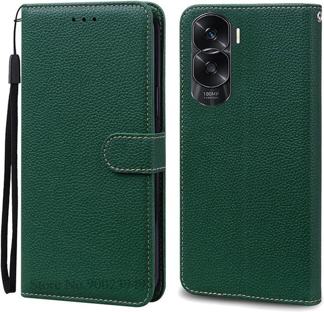 Handyhülle für Honor 90 Lite 5G aus weichem TPU Silikon und Leder im Brieftaschen-Design, Farbe: Dunkelgrün - Bild 1